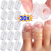Transparent silicone toe and finger protectors shown on a hand, demonstrating 30x protection.
