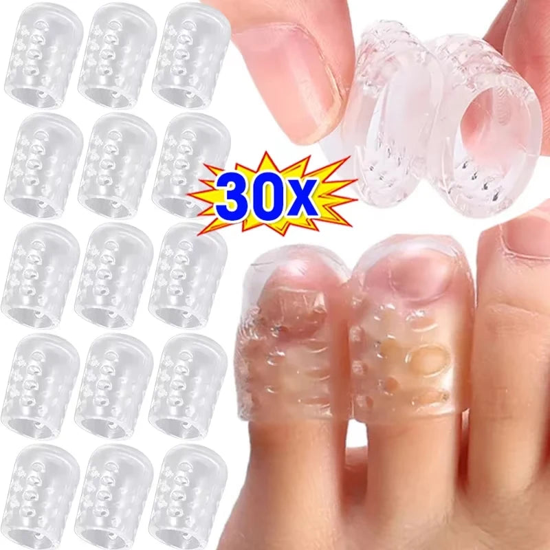 Transparent silicone toe and finger protectors shown on a hand, demonstrating 30x protection.