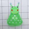 A bright green cartoon duck mesh bath toy organizer with adhesive hooks and a smiling face