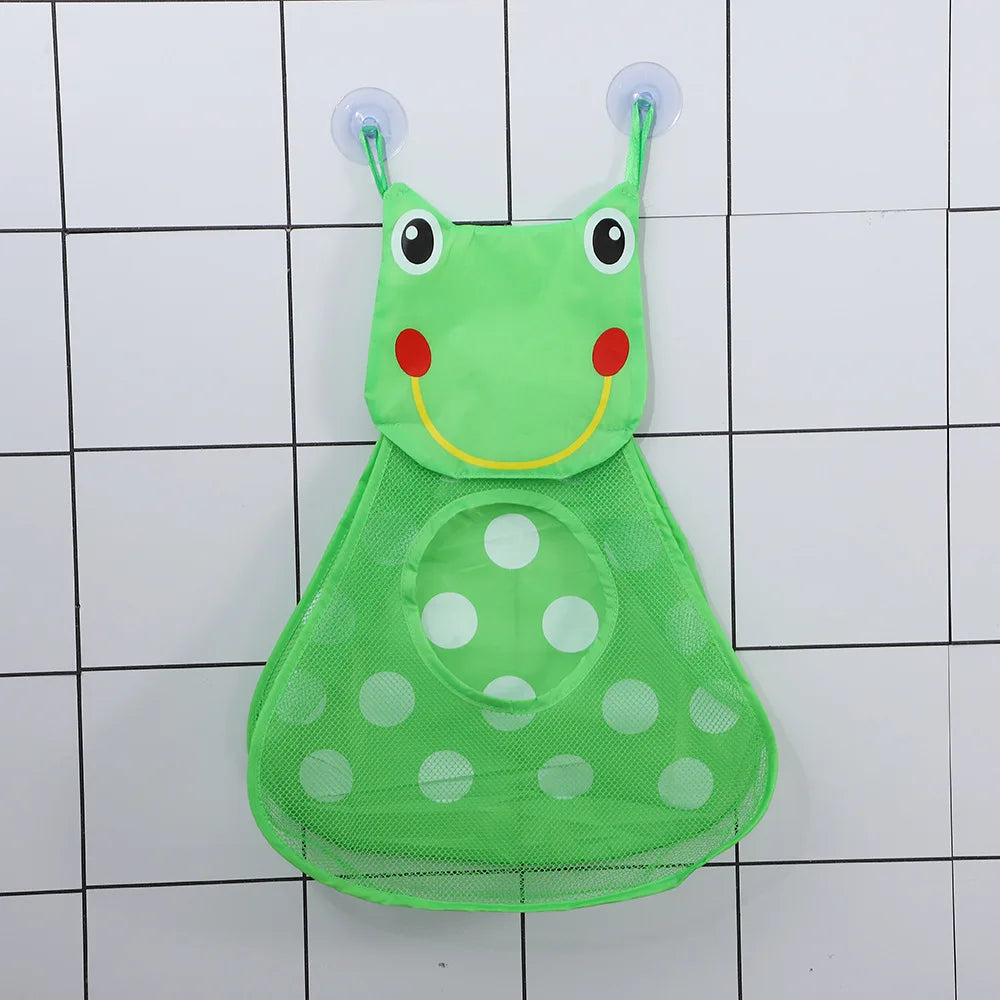 A bright green cartoon duck mesh bath toy organizer with adhesive hooks and a smiling face