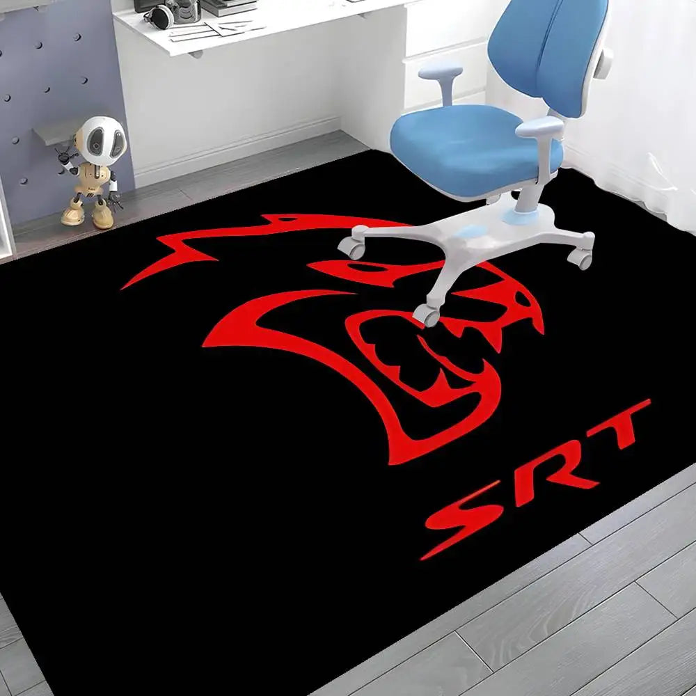 A black door mat featuring a red stylized lion head and the letters SRT on the front