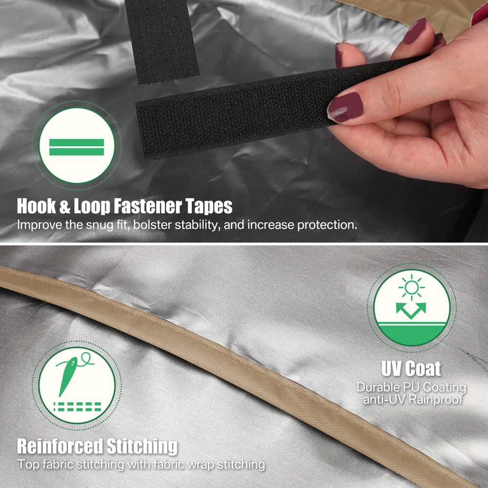 Close-up of a waterproof BBQ grill cover showing hook and loop fasteners, UV coating, and reinforced stitching details.