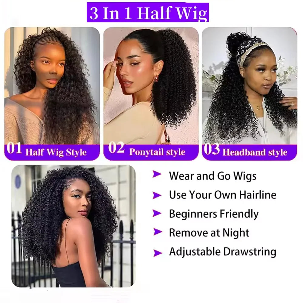 Three styles of half wigs including a half wig, ponytail style, and headband style with adjustable drawstring.