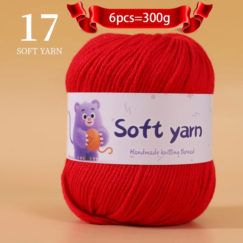 A ball of red soft yarn labeled as 6 pieces equal to 300 grams for handmade knitting thread.