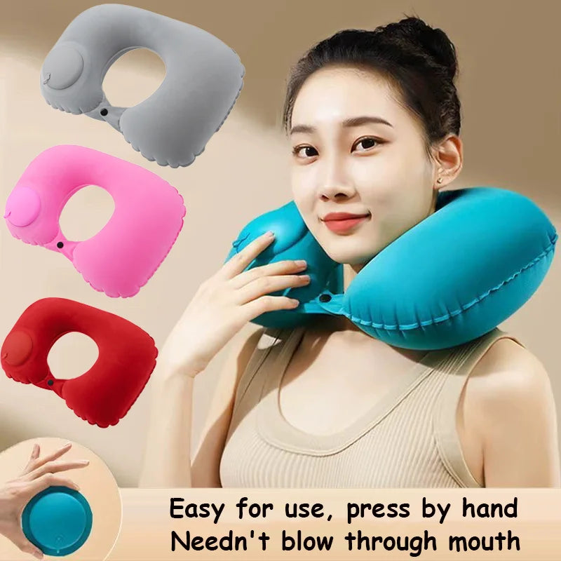 A woman is shown using a blue inflatable U-shaped travel pillow for neck comfort, with various colored pillows displayed near