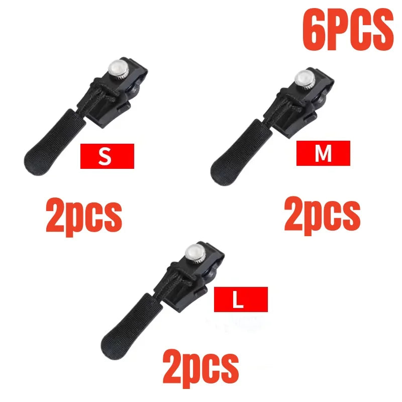 Six detachable zipper repair kits in sizes S, M, and L shown individually.