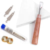 A precision stainless steel sewing needle kit with a wooden handle and a silver needle is shown next to gold rings.