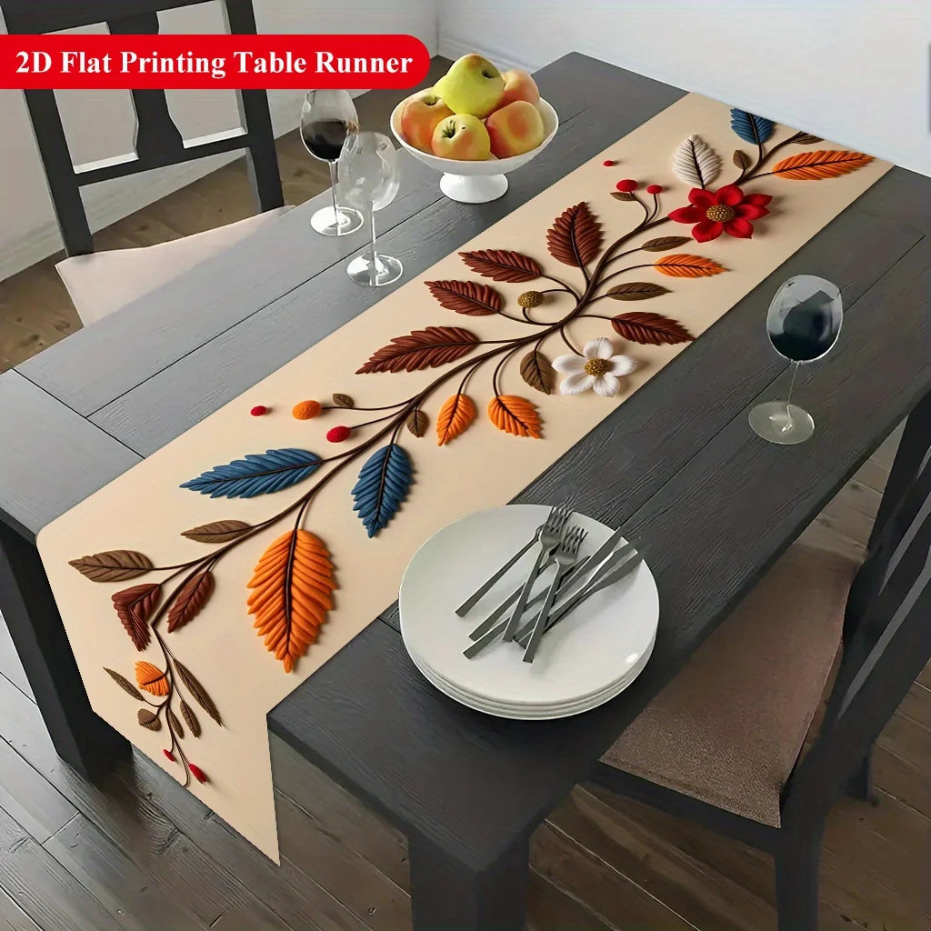 A 2D flat printing table runner featuring a floral branch design with autumn leaves and red flowers on a dark wooden table.