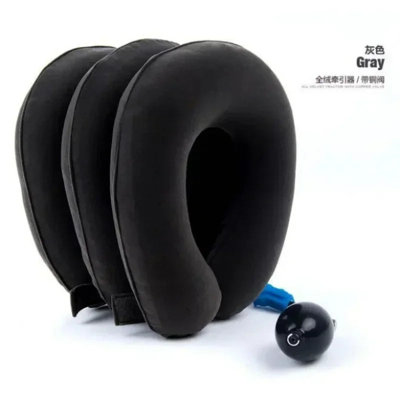 Black inflatable cervical traction neck stretcher pillow shown from the side.
