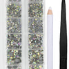 A clear plastic container holds various sizes of crystal hot fix rhinestones and an applicator tool.