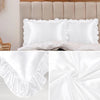 A set of two white ruffled satin pillowcases with silky envelope closures displayed against a neutral headboard.