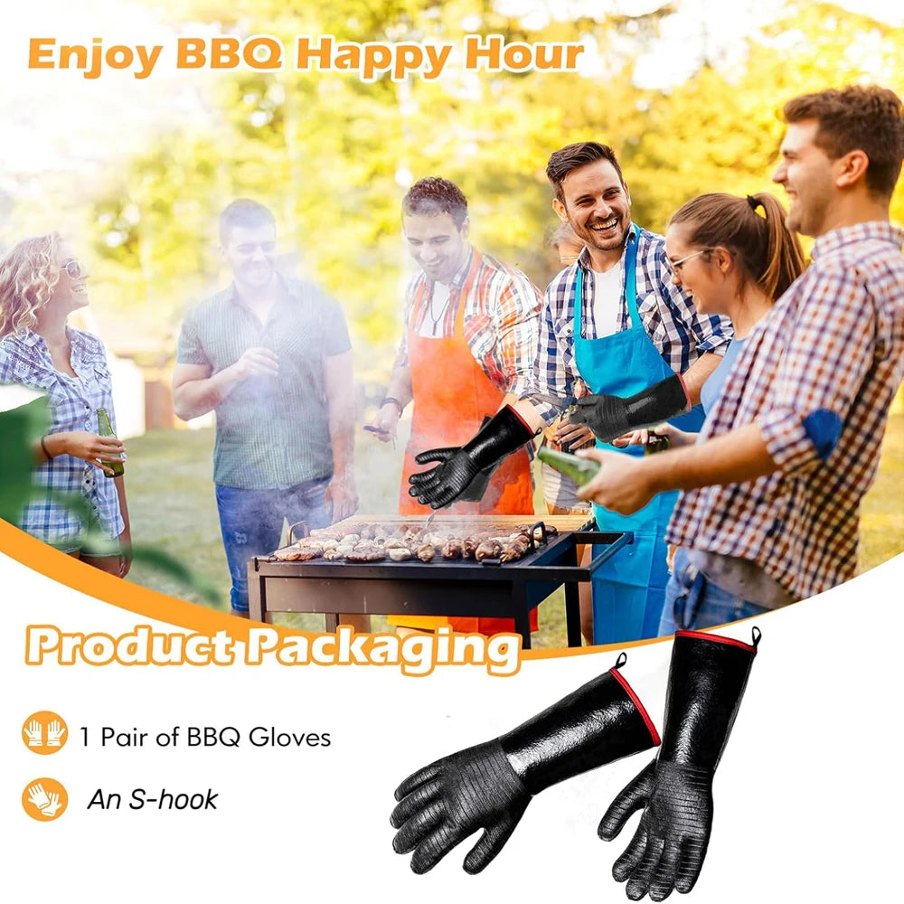 A pair of black heat-resistant BBQ gloves and an S-hook are shown in a product packaging context.