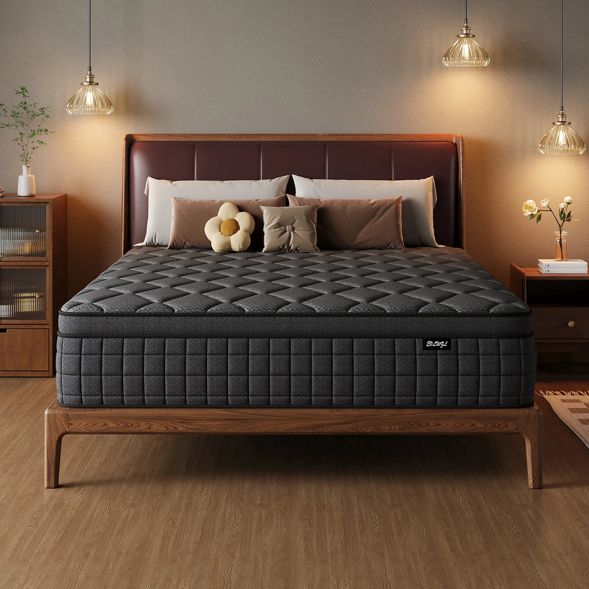 A modern bedroom featuring a brown wooden bed frame with a dark gray mattress and neutral-toned pillows.