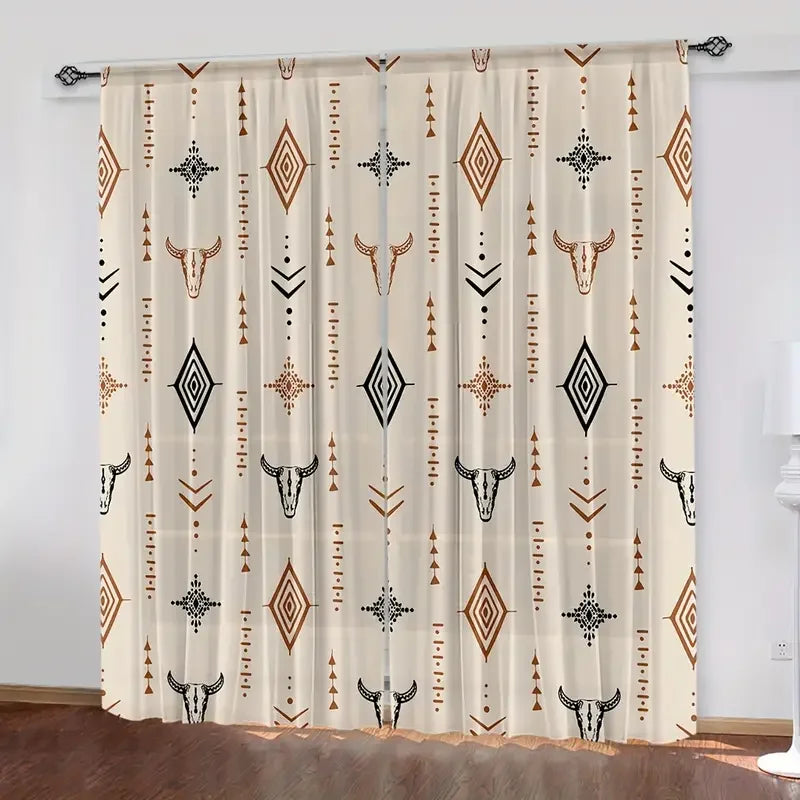 Beige curtains featuring a repeating pattern of tribal bull skulls and geometric designs.