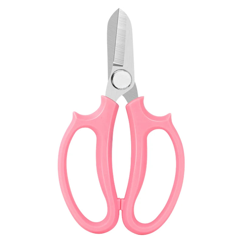 A pair of pink precision shears with a comfort grip for cutting floral and bonsai materials.