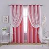Pink and white sheer decorative curtains hanging in a window with a sheer white drape.