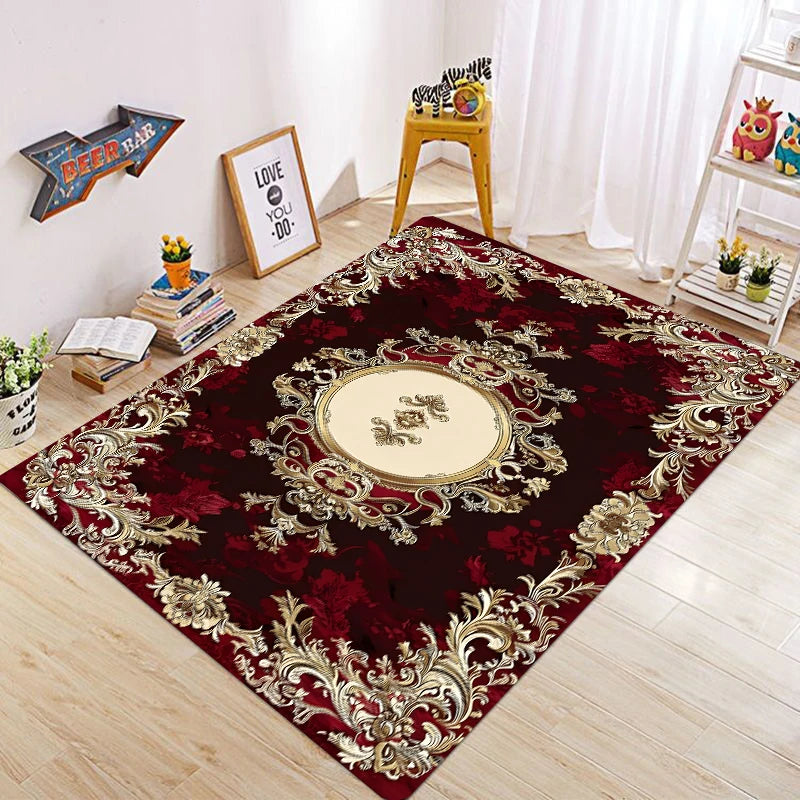 A deep burgundy luxury floral area rug with gold accents placed in a bright room.