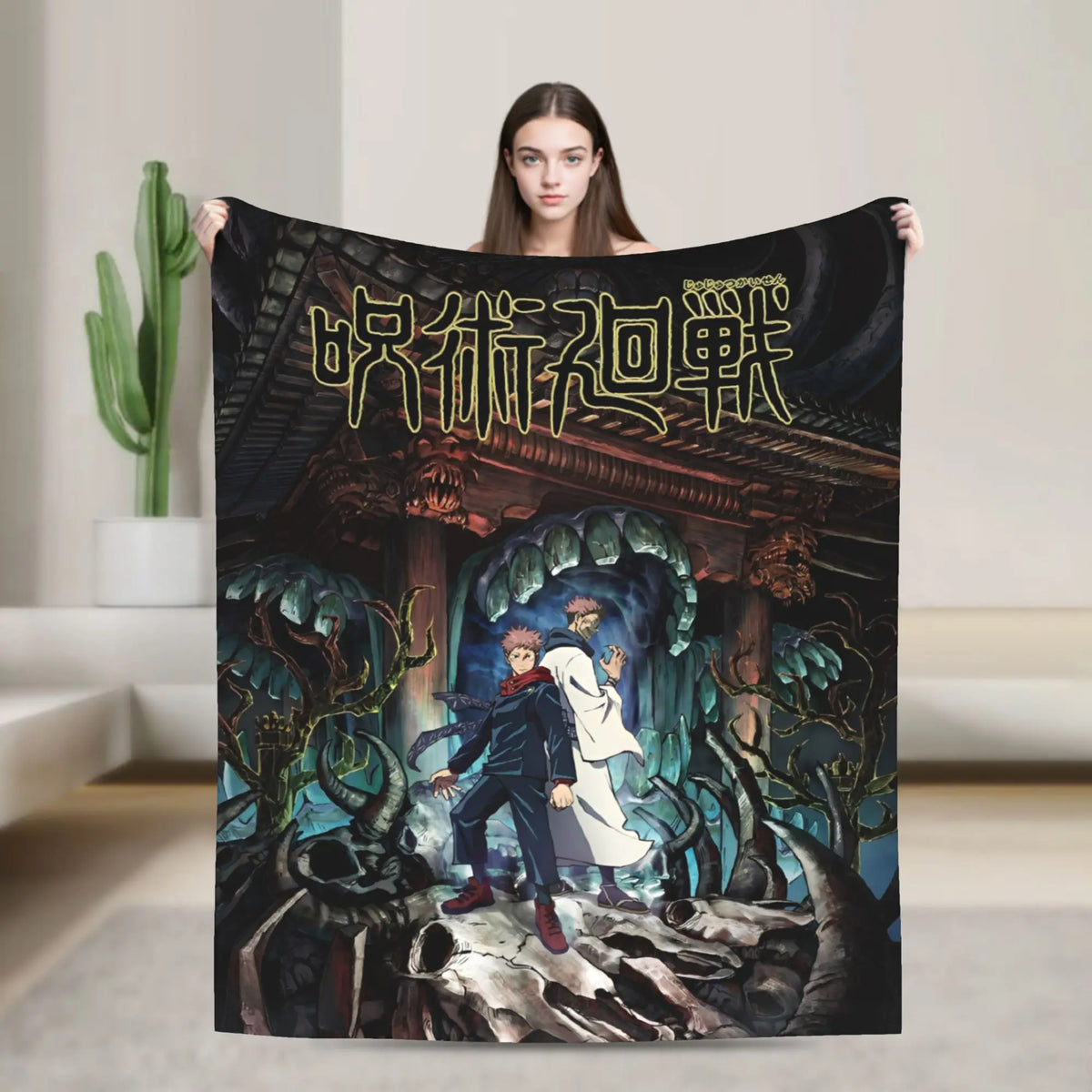 A person holds up a dark, detailed print featuring Jujutsu Kaisen Gojo Satoru in an ornate setting.
