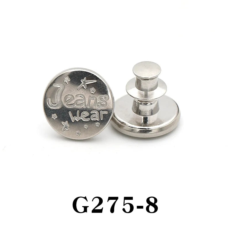 Silver button pin with the text Jeans Wear engraved on it, model G275-8.