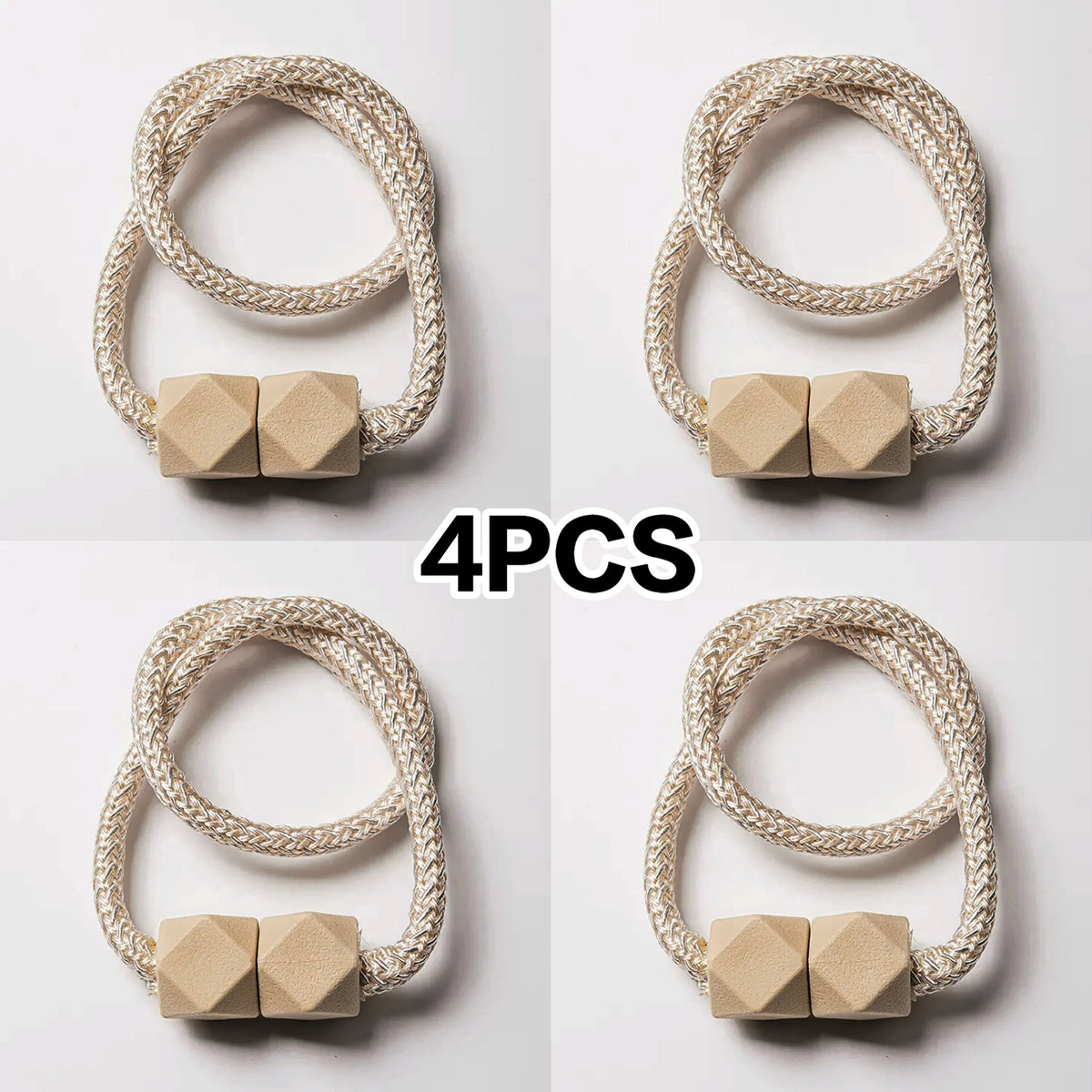 Four beige braided magnetic curtain tiebacks with square accents