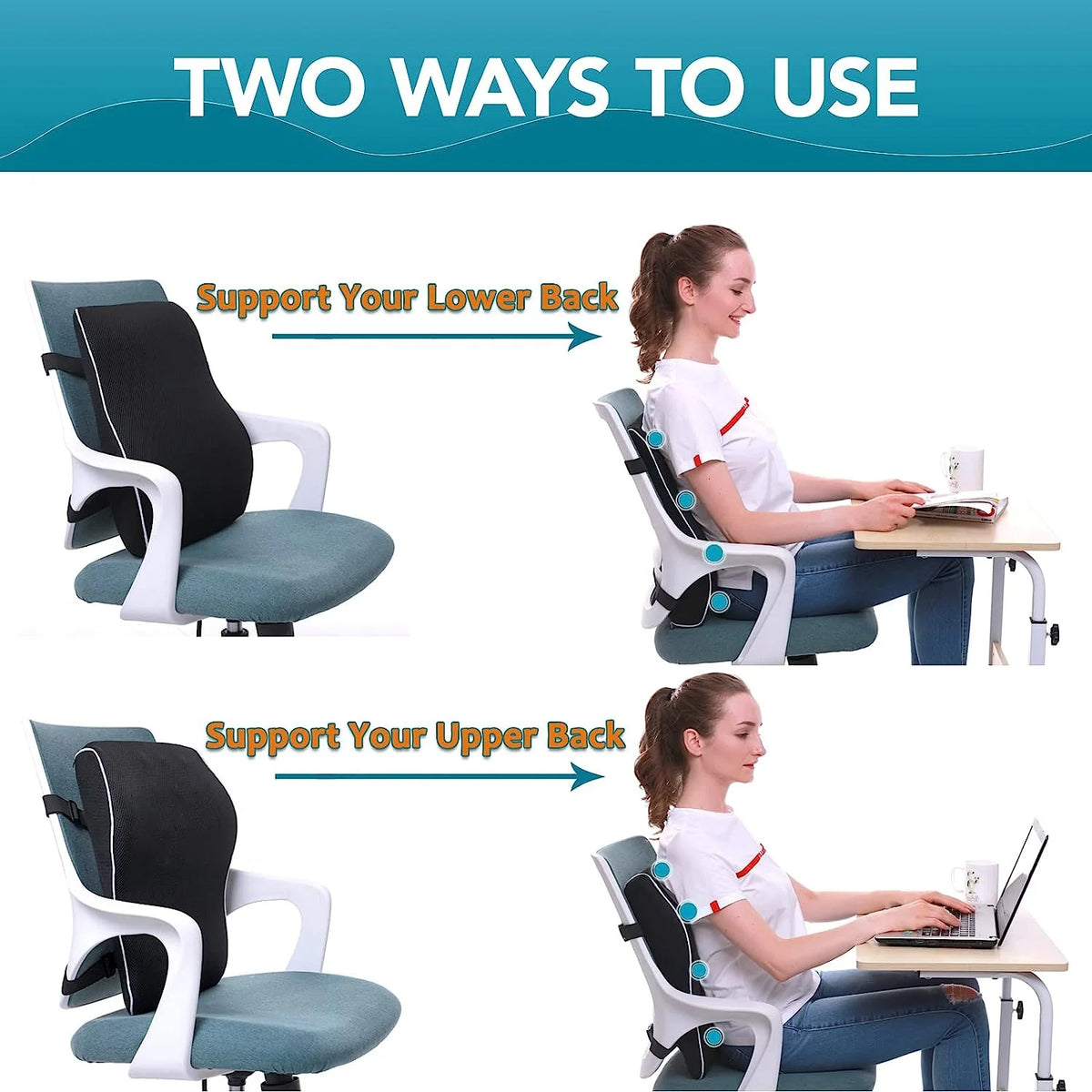 Demonstration of two ways to use a memory foam lumbar support pillow for lower and upper back support.