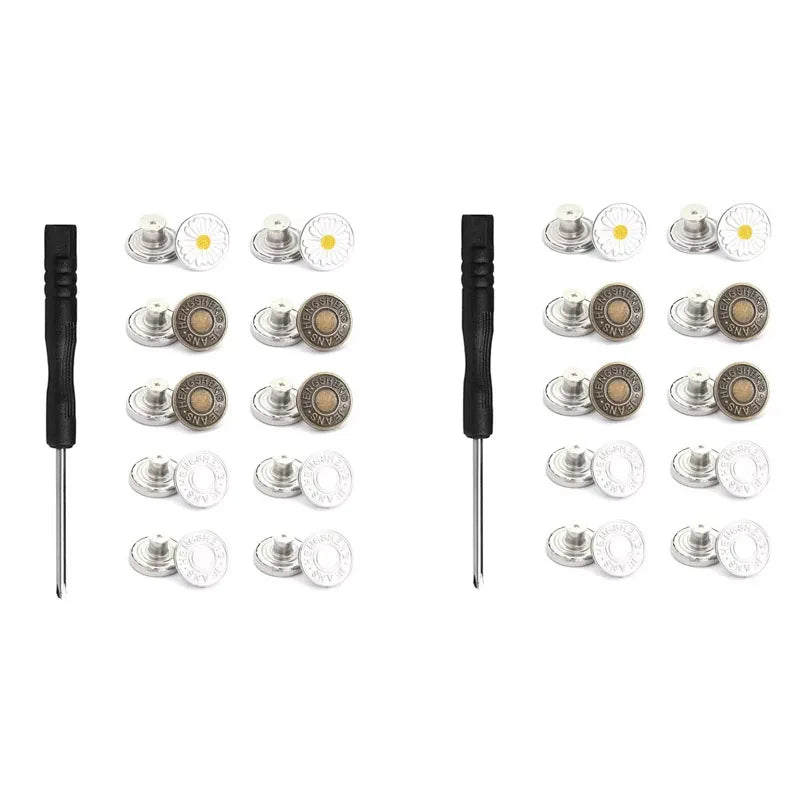 A collection of 30 metal jeans buttons in various sizes and finishes.