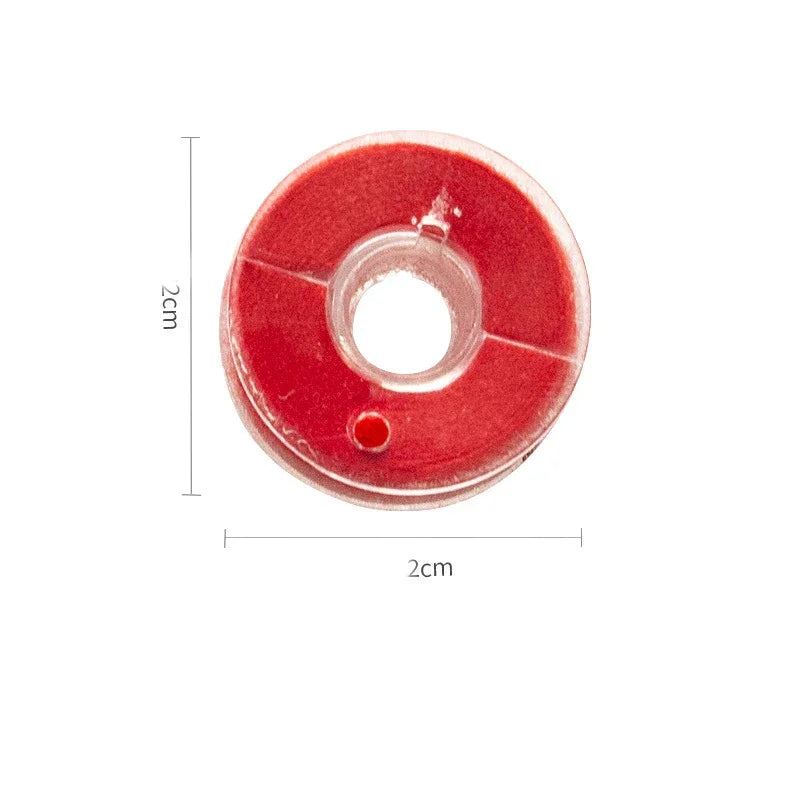 A circular red embroidery sewing thread spool with a central hole and dimension lines.