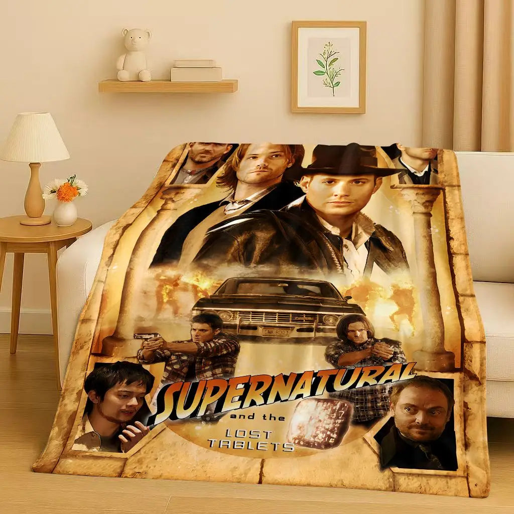 A poster featuring characters from Supernatural and the Lost Tablets on a tan background.