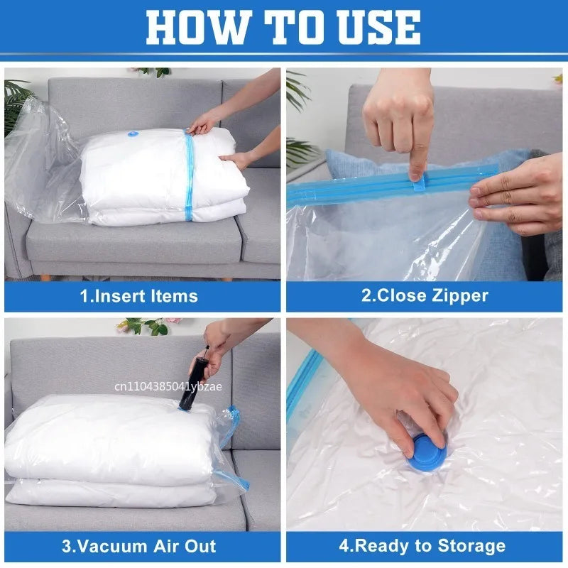 Instructions showing how to insert items, close the zipper, vacuum air out, and prepare thickened storage bags for storage.