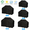 Various sizes of a black heavy duty waterproof BBQ grill cover shown with icons for rainproof sun protection dustproof and wi