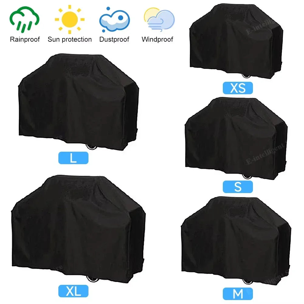 Various sizes of a black heavy duty waterproof BBQ grill cover shown with icons for rainproof sun protection dustproof and wi