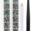 A clear plastic case containing a set of crystal hot fix rhinestones and an applicator tool.