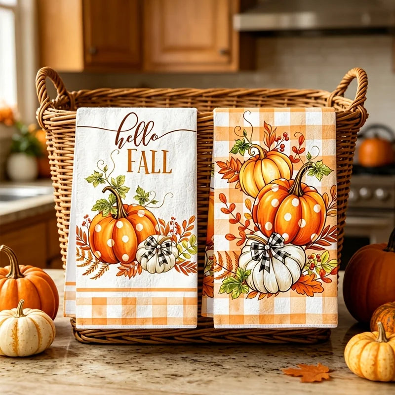 A set of two kitchen towels featuring an orange pumpkin and plaid design on a white background.