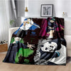 A dark themed anime throw blanket featuring characters from Jujutsu Kaisen in various poses.