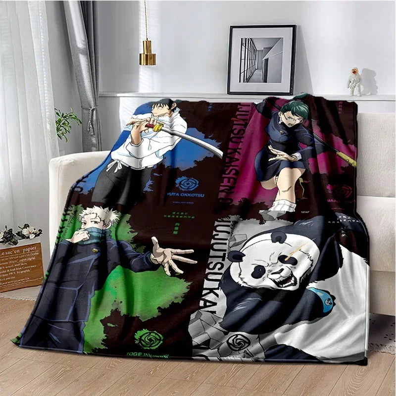 A dark themed anime throw blanket featuring characters from Jujutsu Kaisen in various poses.
