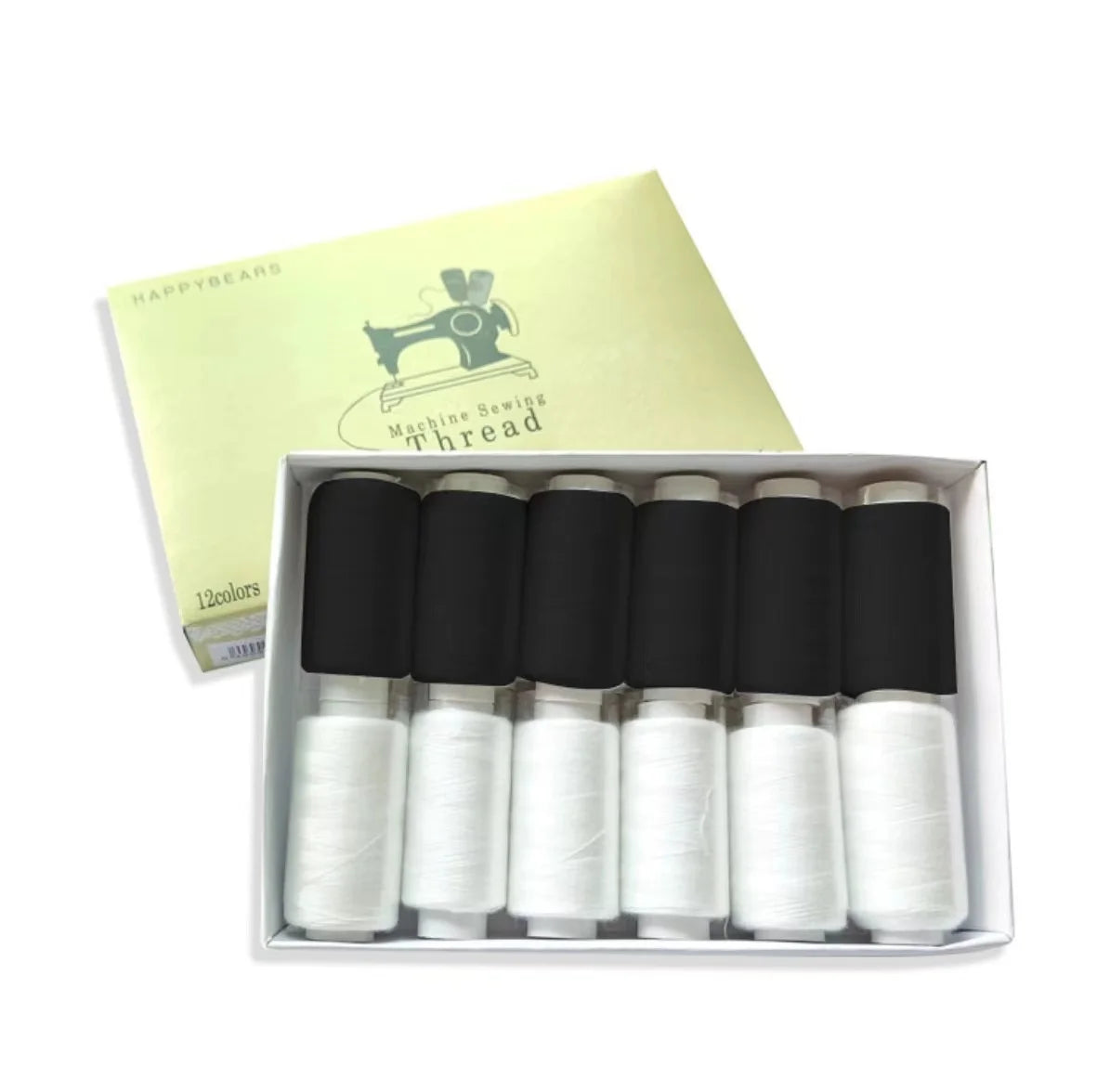 A box containing twelve tubes of white polyester sewing thread for various crafts.