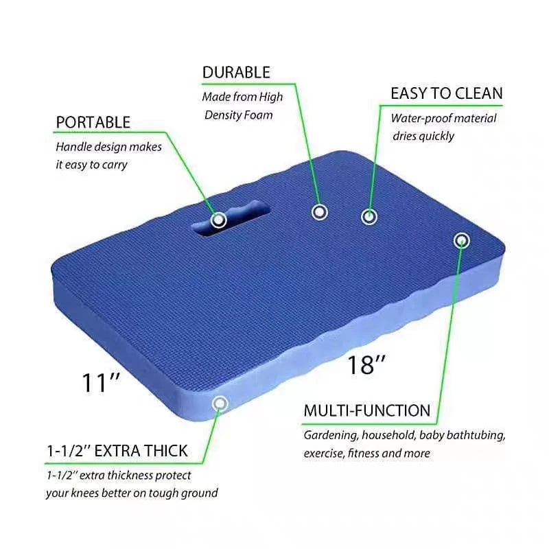 A blue, durable, portable kneeling mat with a handle design and extra thickness for knee protection.