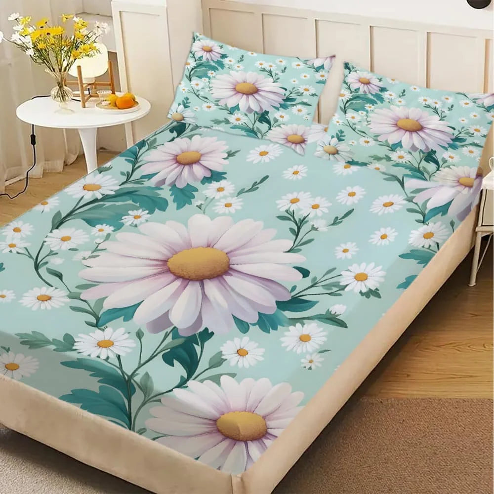 A fitted mattress protector sheet featuring a light blue background with white and pink floral patterns.
