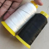 A roll of high tenacity polyester sewing thread in white and black, with yellow plastic ends.