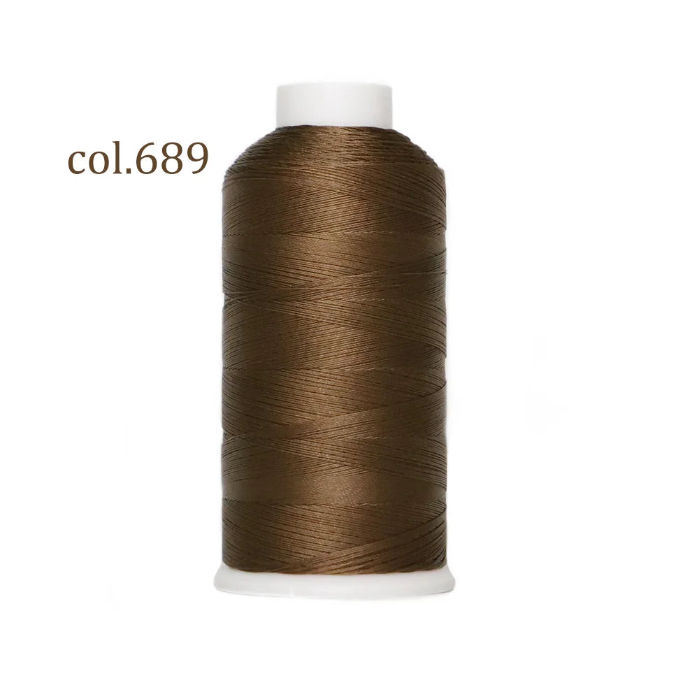 A spool of dark brown heavy duty nylon sewing thread labeled col.689.