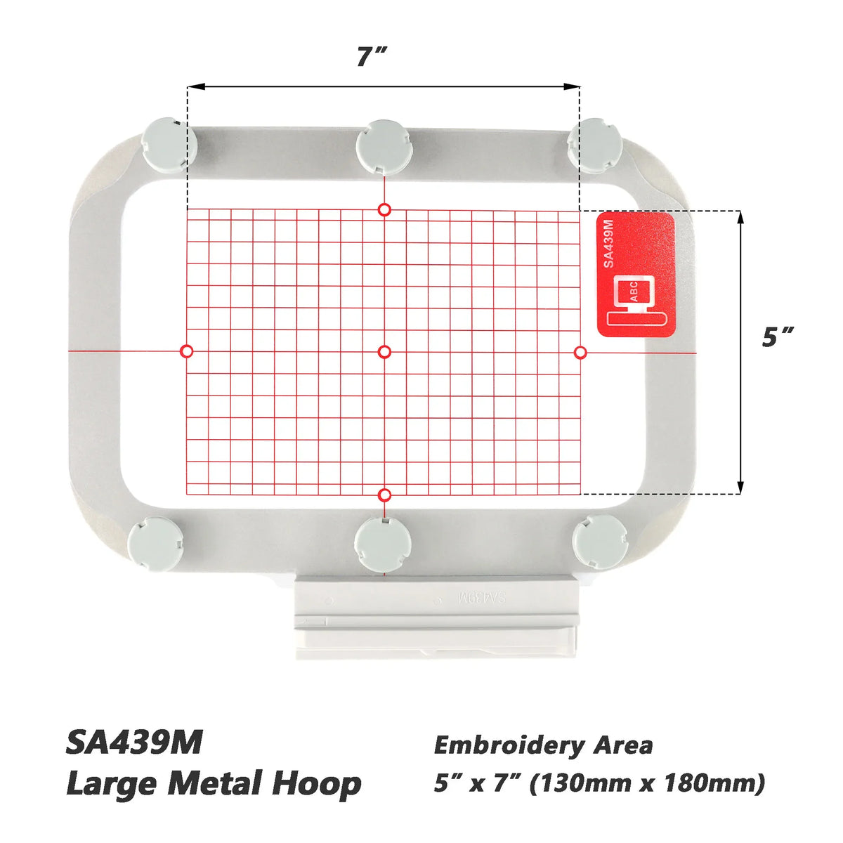 SA439M Large Metal Hoop, a 5" x 7" embroidery area with a grid pattern.