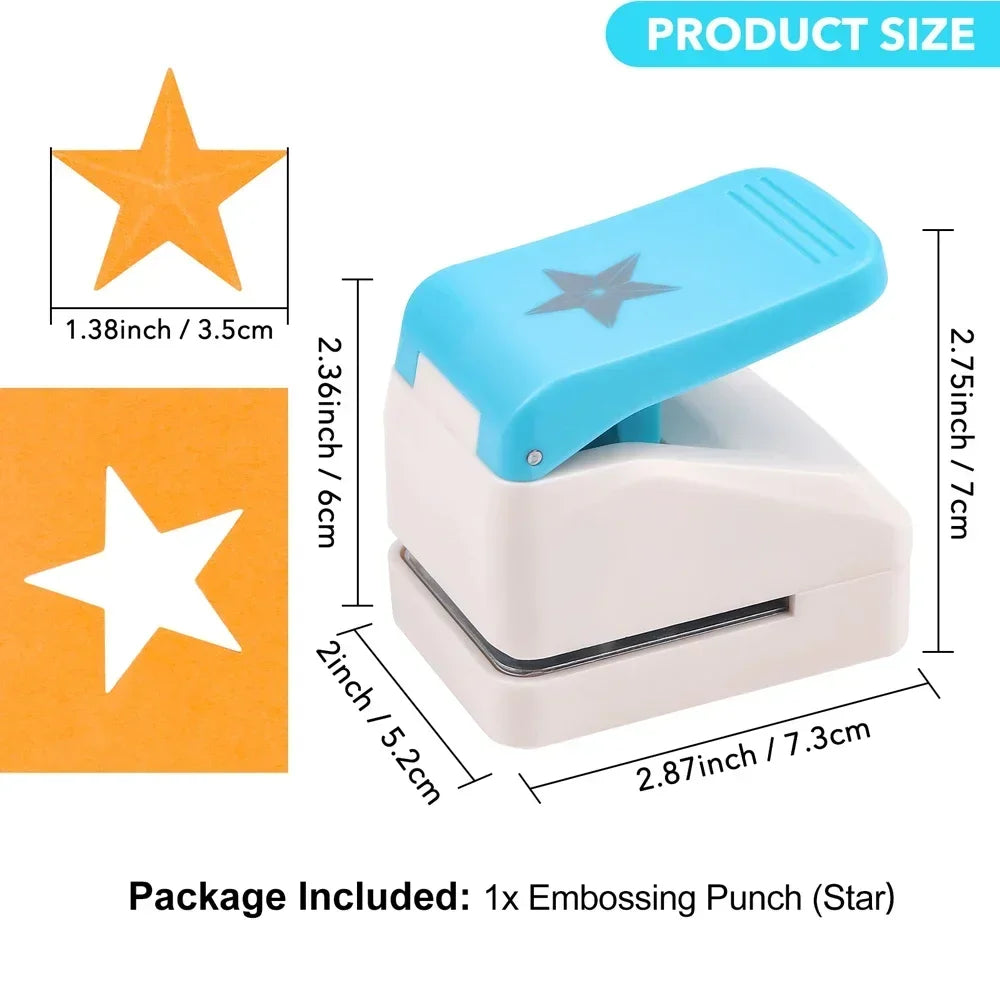 A light blue and white embossing punch tool with a star design shown next to its size measurements.
