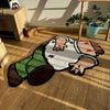A funny cartoon slip-resistant decor rug featuring a brown and green pattern on a wooden floor.