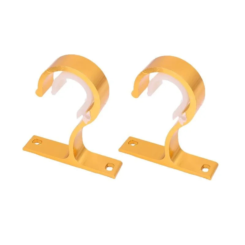 Two gold-colored multi-style curtain rod brackets for wall mounting.