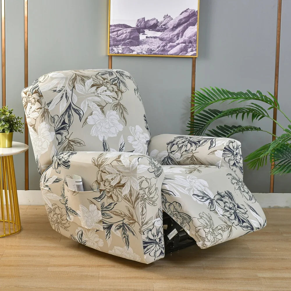 A beige floral print recliner and sofa slipcover set displayed in a modern room with a framed landscape painting.