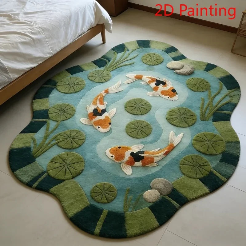 A round rug featuring a pattern of koi fish and green leaves on a blue background.