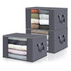 A gray foldable clothes organizer box with a clear window showing various folded fabric items.