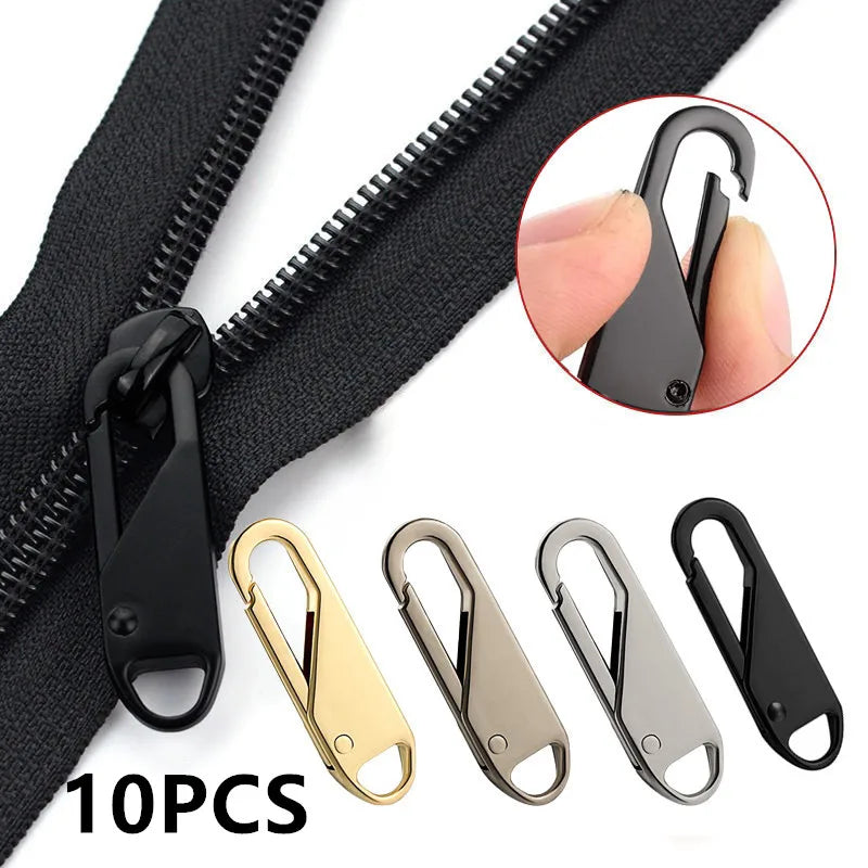 A set of ten detachable metal zipper puller repair kits shown next to a black zipper tape.