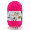 A skein of bright pink milk cotton yarn labeled for knitting
