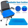 A blue breathable honeycomb silicone seat cushion shown on a gray office chair.